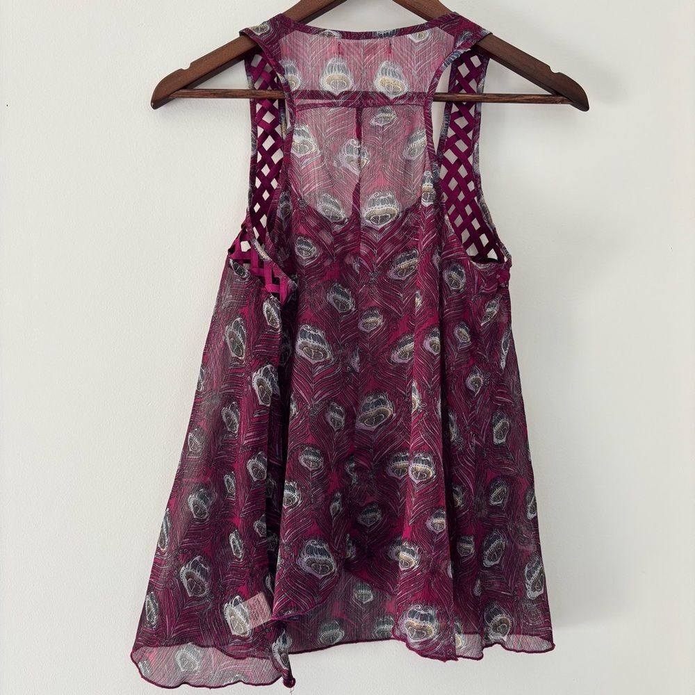 Love Fire Boho Peacock Print Lattice Tank Top Size L Whimsigoth Festival Sheer - Picture 11 of 11